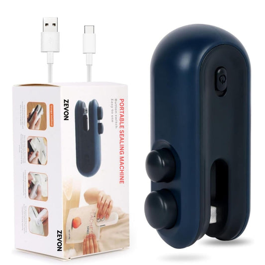 Blue portable sealing machine with Zevon packaging on a white background