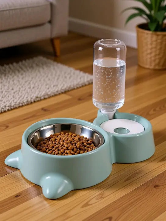 2 in 1 Automatic Pet Feeder Bowl with Water Dispenser Bottle and Stainless Steel Food Bowl for Dogs and Cats