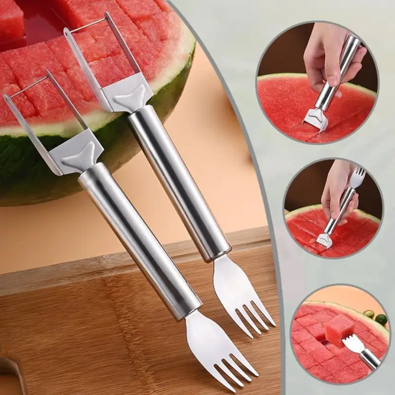 2-in-1 Stainless Steel Watermelon Slicer & Fruit Fork – Watermelon Cutter, Cube Maker & Serving Tool