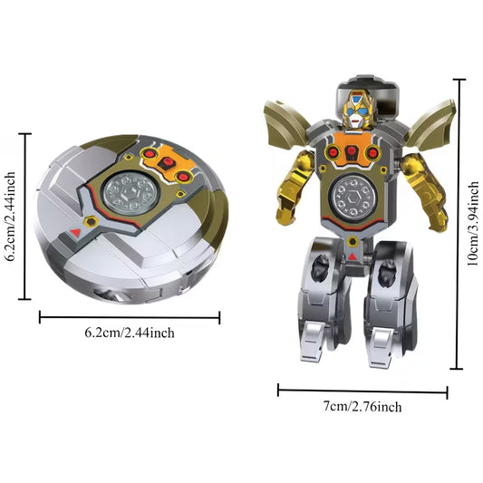 Toy robot with its circular component displayed side by side for size comparison on a white background.
