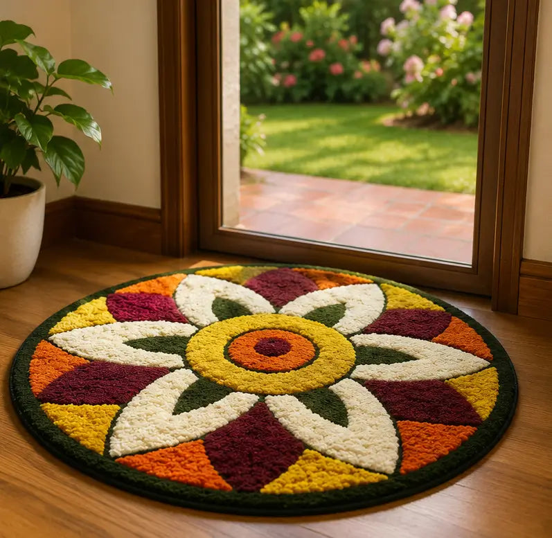Stylish Rangoli Cotton Doormat with Anti-Skid Backing – Soft Decorative Floor Mat for Home Entrance, Bedroom & Kitchen