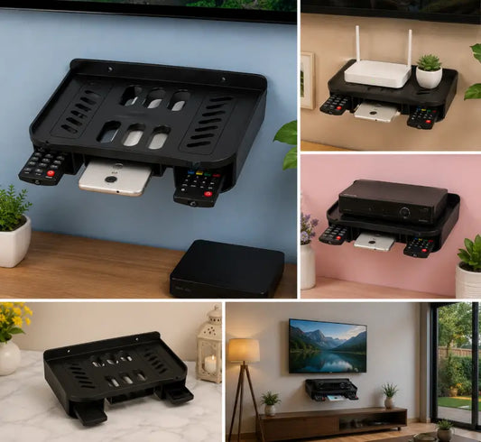 Wall Mount WiFi Router & Set Top Box Stand with Dual Remote Holder – Plastic Wall Shelf for DTH, Modem, TV Setup Box & Home Organization