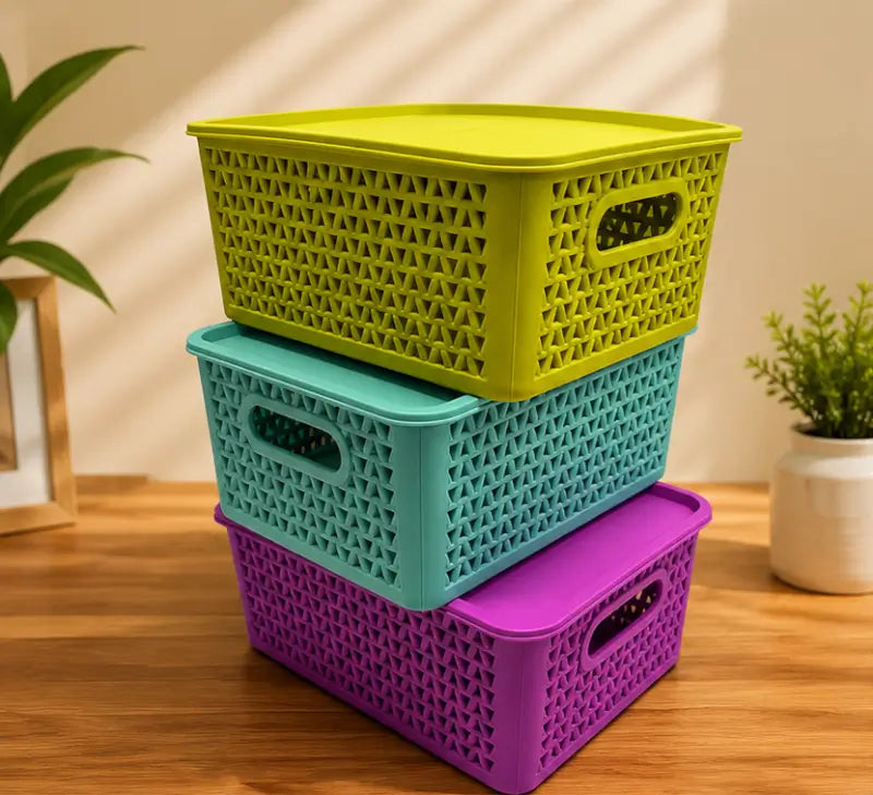 Multipurpose Plastic Storage Basket Set with Handles – Flexible Organizer for Kitchen, Bathroom, Fruits, Vegetables & Stationery (Pack of 3)