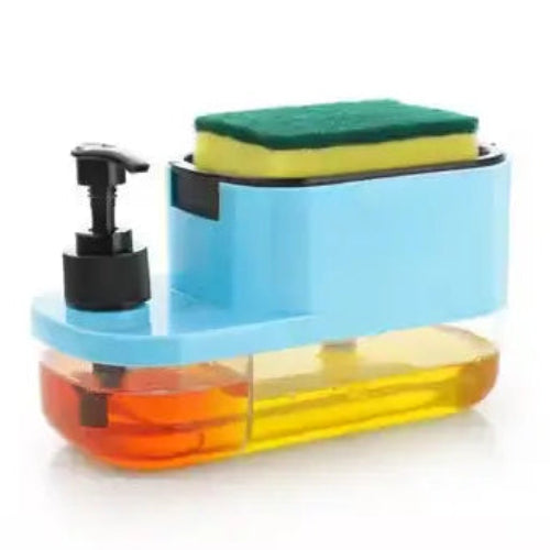 Cleaning caddy with sponge, bottle, and pump on a white background