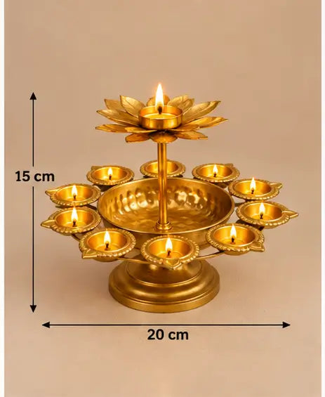 Diwali Urli Bowl Diya Stand with Lotus Candle Holder – Golden Metal Festive Home Décor