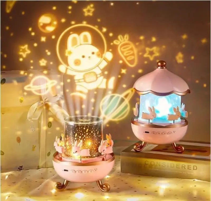 Galaxy Bunny Carousel Star Night Projector Lamp 360° Rotating LED Night Light with Music and 6 Projection Films USB Rechargeable Nursery Lamp for Kids Bedroom Decor