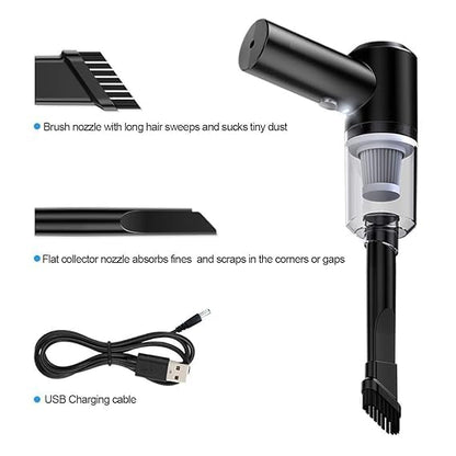 Black handheld vacuum cleaner with brush nozzle, flat collector, and USB charging cable on a white background.