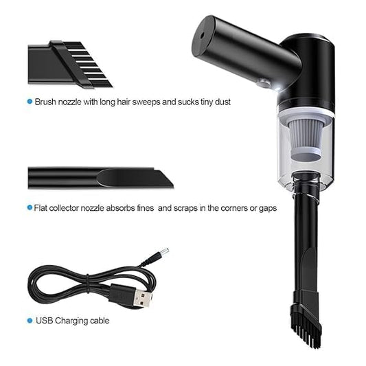 Black handheld vacuum cleaner with brush nozzle, flat collector, and USB charging cable on a white background.