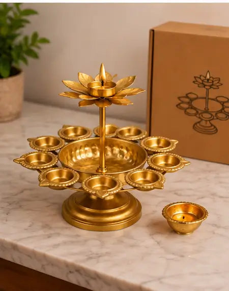Diwali Urli Bowl Diya Stand with Lotus Candle Holder – Golden Metal Festive Home Décor