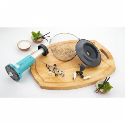 A wooden tray holding a small round glass bowl with a dark lid, alongside a blue cylindrical bottle and a small white object, photographed on a plain white background.