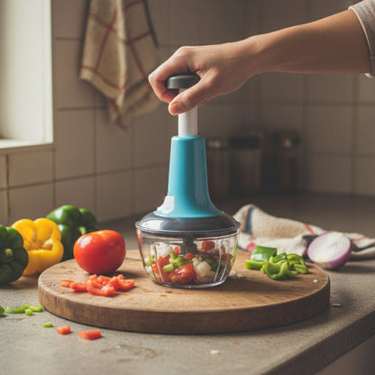 A kitchen countertop food chopper with a blue and black plastic body, shown with a metal blade assembly. The image has promotional text overlays including 'REAL PUSH' and 'Kitchen Chopper' on a white background.