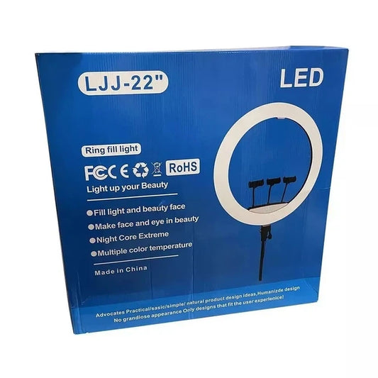 Blue retail packaging box for an LED ring light, with white text and a printed ring-shaped graphic on the front.
