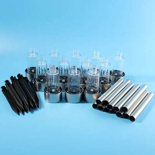 Collection of clear plastic tubes, black cylindrical objects, and silver metal rods on a blue background