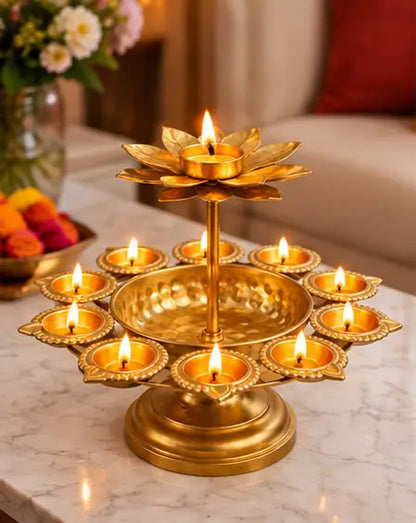 Diwali Urli Bowl Diya Stand with Lotus Candle Holder – Golden Metal Festive Home Décor