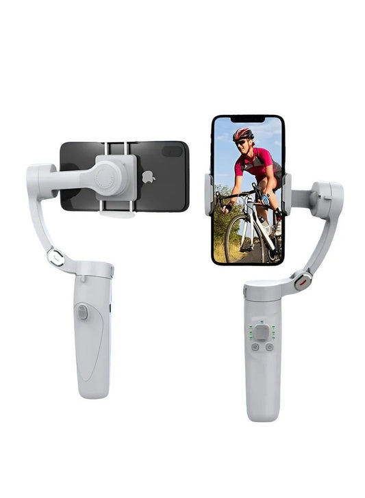 A white handheld gimbal smartphone