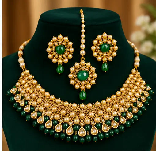 Fashion Jewellery Set – Gold Plated Choker, Earrings & Bridal Artificial Jewellery