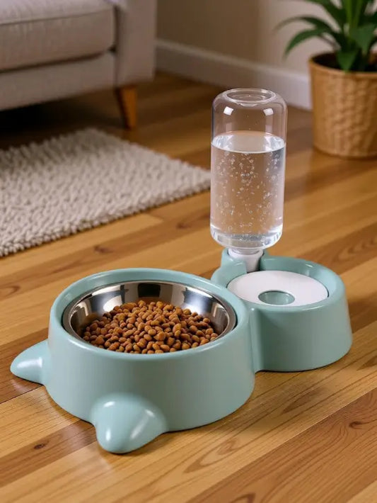 2 in 1 Automatic Pet Feeder Bowl with Water Dispenser Bottle and Stainless Steel Food Bowl for Dogs and Cats