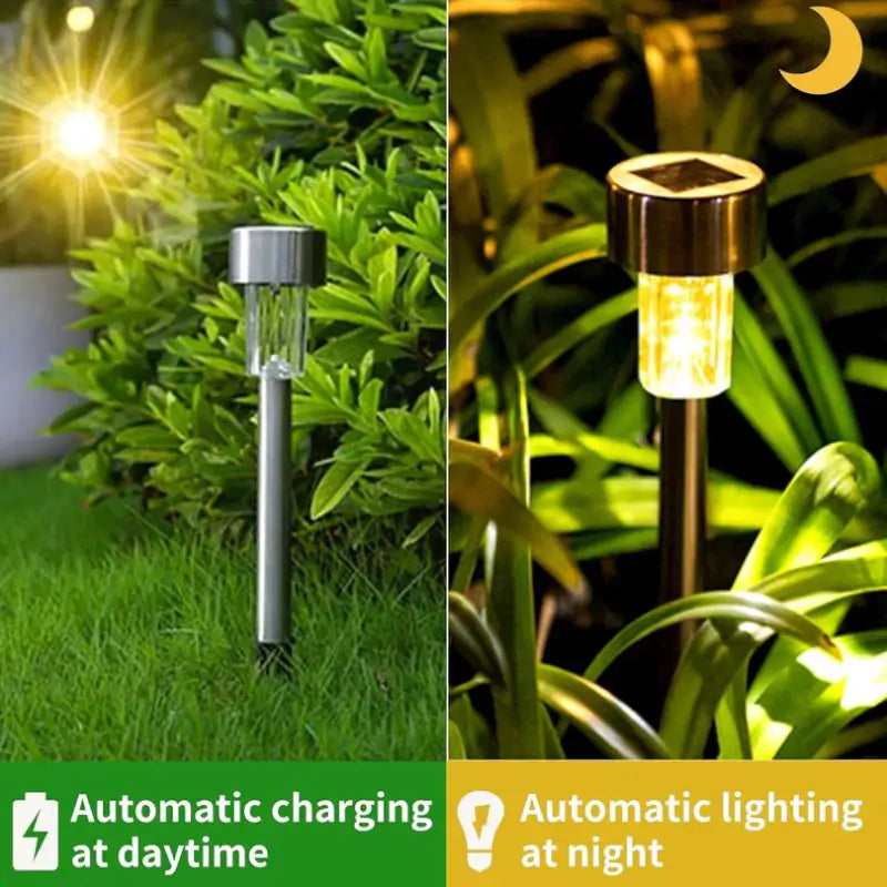 Solar-powered garden lights with text indicating automatic charging and lighting.