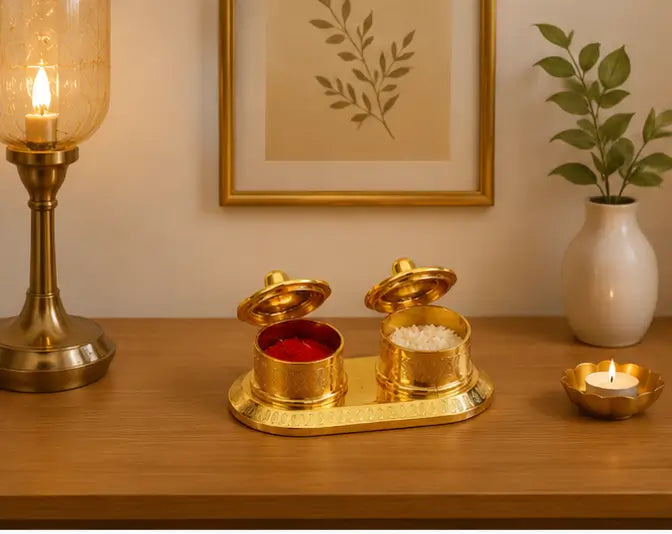 Roli Akshat Box | Golden Finish Aluminium Kumkum & Rice Container for Pooja