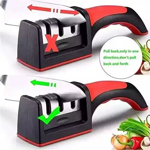 3-Stage Manual Kitchen Knife Sharpener – Stainless Steel & ABS | For Ceramic & Steel Knives | Anti-Skid Base | Pack of 1.