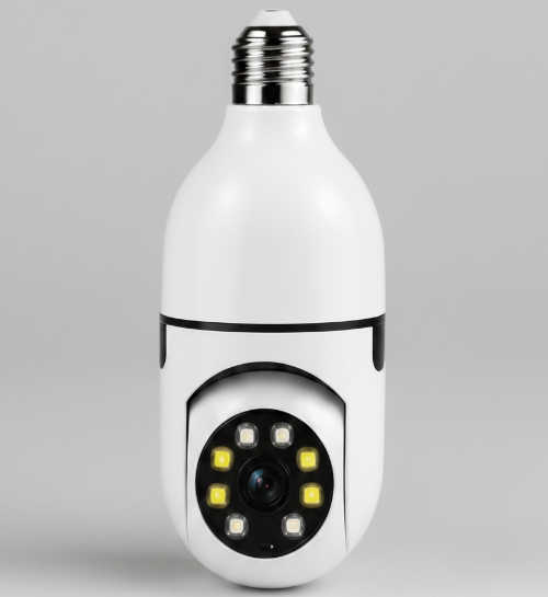 A smart network security camera shown with its retail box, a loose bulb-style camera, and feature icons on a white promotional background. The product is labeled as model FS-11, WiFi 2.