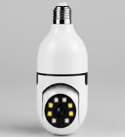A smart network security camera shown with its retail box, a loose bulb-style camera, and feature icons on a white promotional background. The product is labeled as model FS-11, WiFi 2.