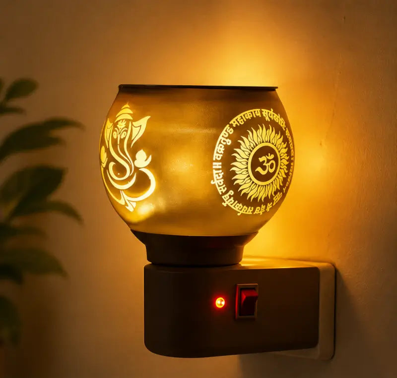 Glass Electric Kapoor Dani with Ganesh Ji & Om Design – Multipurpose Camphor Diffuser & Incense Burner for Home & Puja