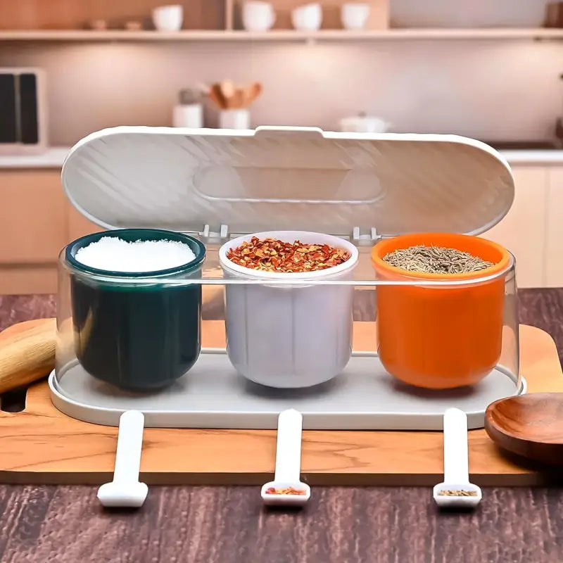 3-Compartment Spice Box with Spoons | Kitchen Masala & Condiment Organizer