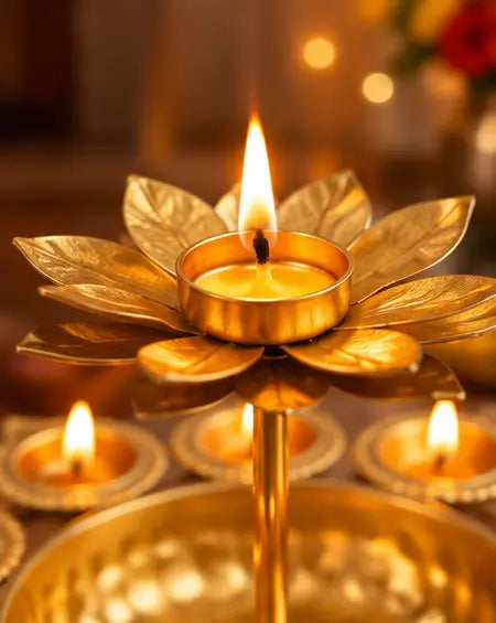 Diwali Urli Bowl Diya Stand with Lotus Candle Holder – Golden Metal Festive Home Décor