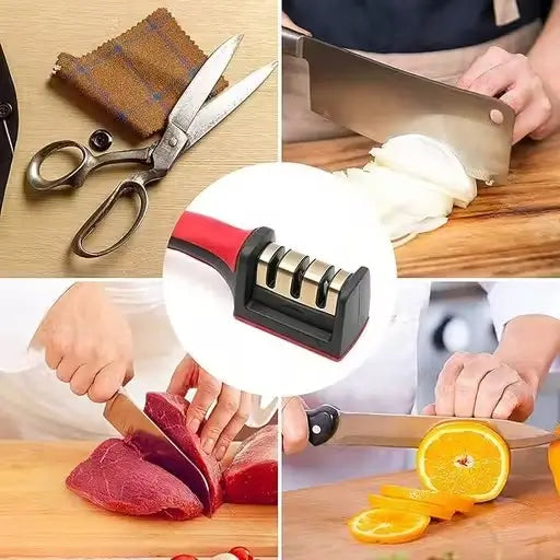3-Stage Manual Kitchen Knife Sharpener – Stainless Steel & ABS | For Ceramic & Steel Knives | Anti-Skid Base | Pack of 1.
