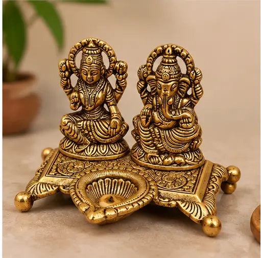 Lakshmi Ganesh Idol with Decorative Diya, Aluminium Golden Finish for Diwali Pooja & Home Décor