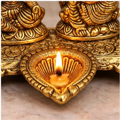 Lakshmi Ganesh Idol with Decorative Diya, Aluminium Golden Finish for Diwali Pooja & Home Décor