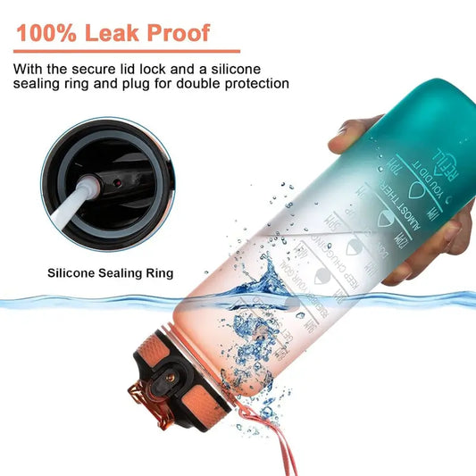 BPA-free water bottle with leak-proof design, silicone sealing ring, and secure lid lock.