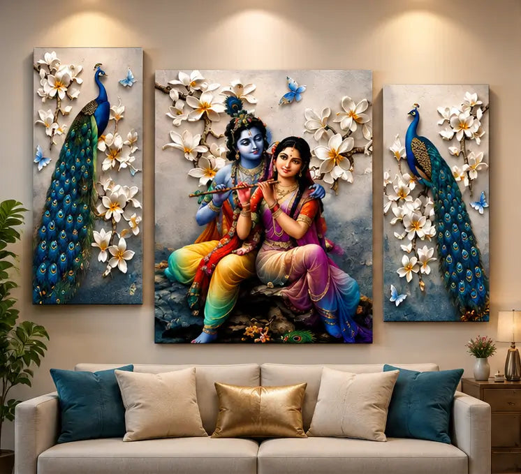 Radha Krishna Peacock 3-Panel Canvas Wall Art | Spiritual Home Decor