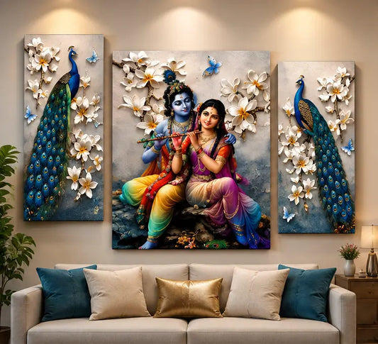 Radha Krishna Peacock 3-Panel Canvas Wall Art | Spiritual Home Decor