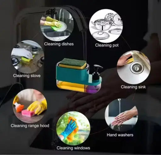 Cleaning tool set with various cleaning tasks depicted on a dark background