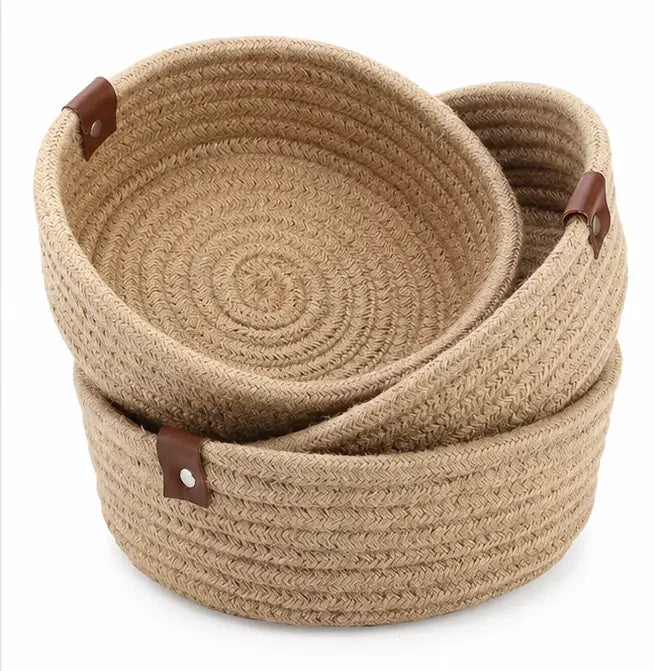 Handwoven Mini Jute Storage Basket Set of 3 with Lid | Natural Rope Organizer for Home, Kitchen & Shelf Storage