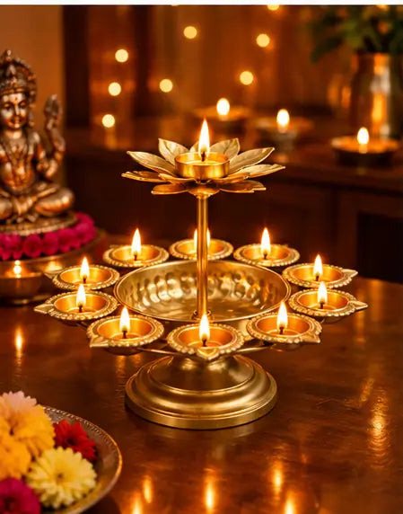 Diwali Urli Bowl Diya Stand with Lotus Candle Holder – Golden Metal Festive Home Décor