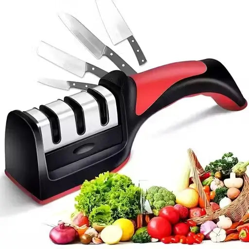 3-Stage Manual Kitchen Knife Sharpener – Stainless Steel & ABS | For Ceramic & Steel Knives | Anti-Skid Base | Pack of 1.