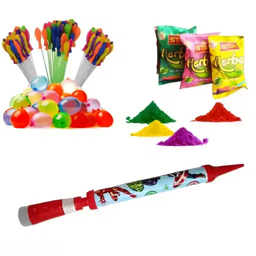 AS TOYS Holi Combo – 1 Pipe Pichkari with 3 Herbal Gulal & 111 Magic Water Balloons