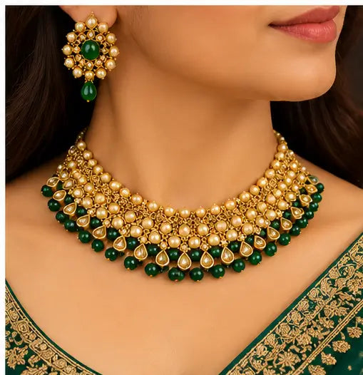 Fashion Jewellery Set – Gold Plated Choker, Earrings & Bridal Artificial Jewellery