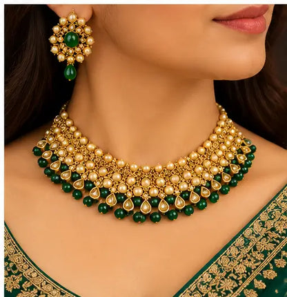 Fashion Jewellery Set – Gold Plated Choker, Earrings & Bridal Artificial Jewellery