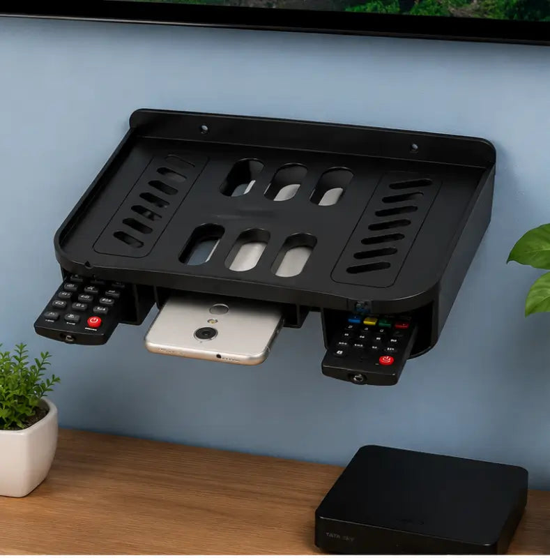 Wall Mount WiFi Router & Set Top Box Stand with Dual Remote Holder – Plastic Wall Shelf for DTH, Modem, TV Setup Box & Home Organization