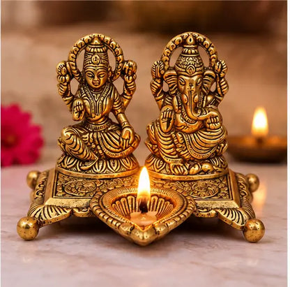 Lakshmi Ganesh Idol with Decorative Diya, Aluminium Golden Finish for Diwali Pooja & Home Décor