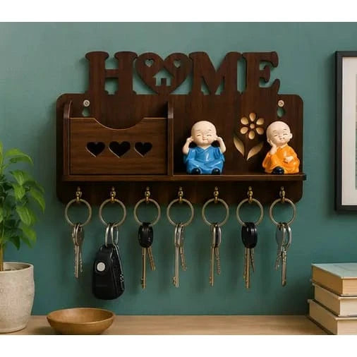 Wooden Wall Mounted Key Holder with Shelf – Decorative Home Key Organizer Rack with 7 Hooks