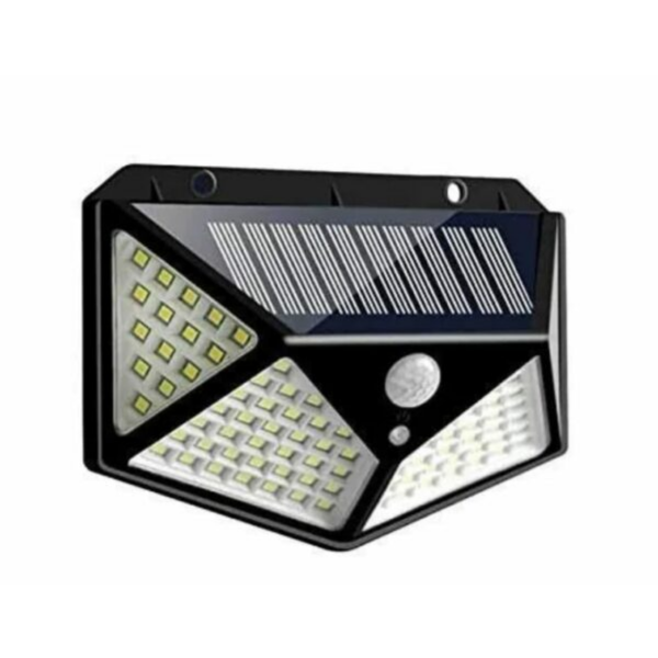 A black solar-powered outdoor wall light with multiple LED light panels and a circular motion sensor, shown on a plain white background.