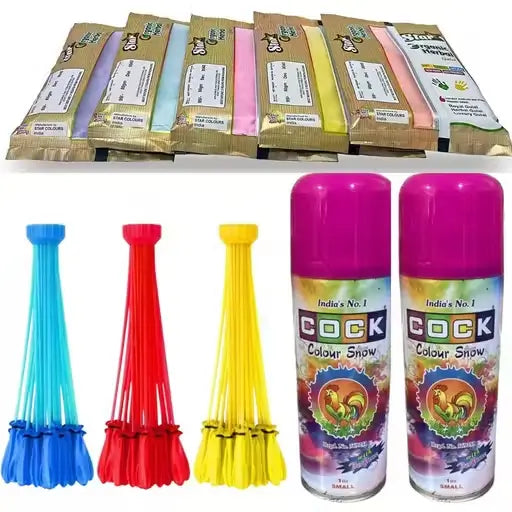 Holi Special Combo Pack – 5 Herbal Gulal (80g Each) + 3 Magic Water Balloon Packs (111 Each) + 2 Color Snow Sprays