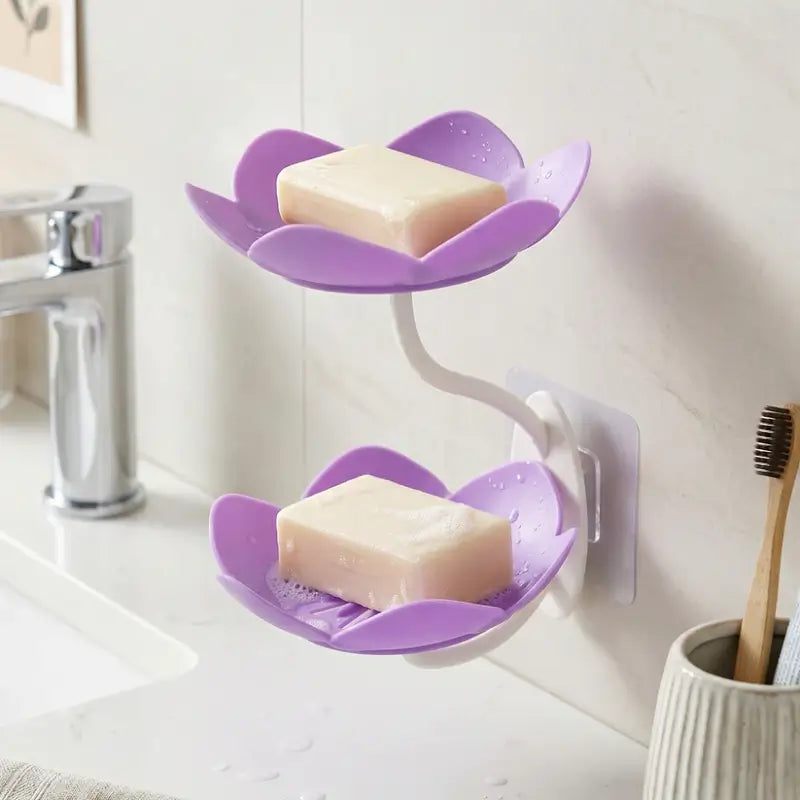 Flower Shape Double Layer Soap Dish – Wall Mounted Self-Draining Soap Holder with Strong Adhesive for Bathroom & Kitchen