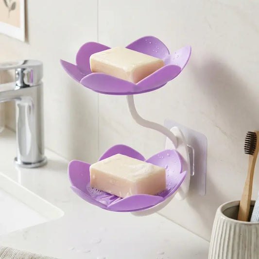 Flower Shape Double Layer Soap Dish – Wall Mounted Self-Draining Soap Holder with Strong Adhesive for Bathroom & Kitchen