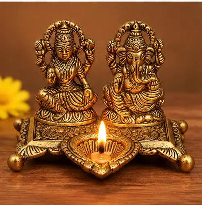 Lakshmi Ganesh Idol with Decorative Diya, Aluminium Golden Finish for Diwali Pooja & Home Décor